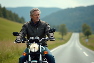 Homme en veste moto en pleine nature avec moto sur route rurale