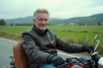 Homme d'âge moyen dans un sidecar de moto en campagne