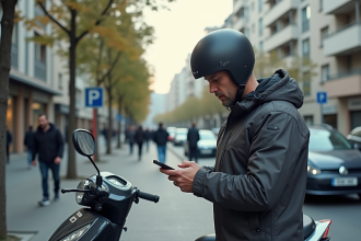 Homme en moto jacket vérifiant son smartphone dans la ville