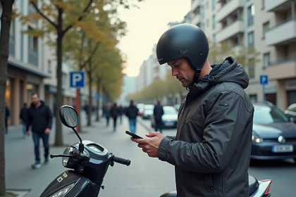 Homme en moto jacket vérifiant son smartphone dans la ville
