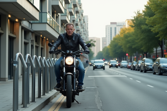 Homme en moto verrouillant son véhicule en ville