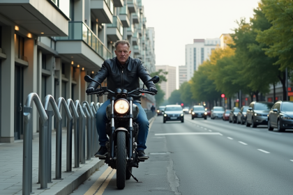 Homme en moto verrouillant son véhicule en ville