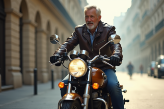 Homme d'âge moyen sur une moto vintage en ville