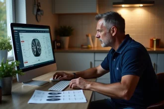 Homme d'âge moyen utilisant un simulateur de pneus à la maison