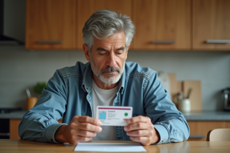 Homme d'âge moyen examine son permis de conduire dans la cuisine