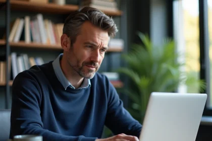 Homme consultant un site d'actualité automobile sur son ordinateur portable pour préparer l'achat d'une voiture