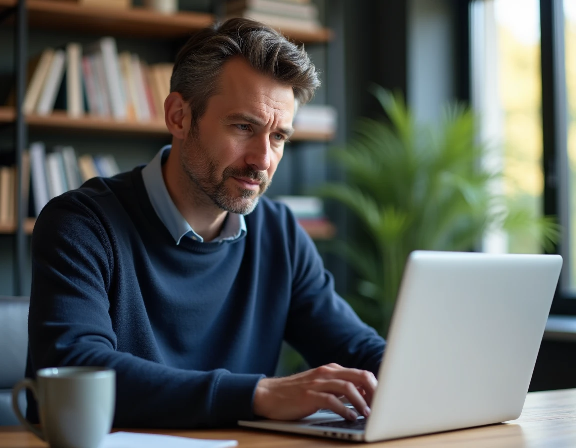 Homme consultant un site d'actualité automobile sur son ordinateur portable pour préparer l'achat d'une voiture