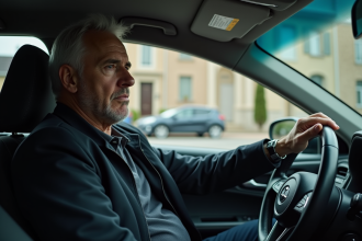 Homme d'âge moyen dans sa voiture en réflexion