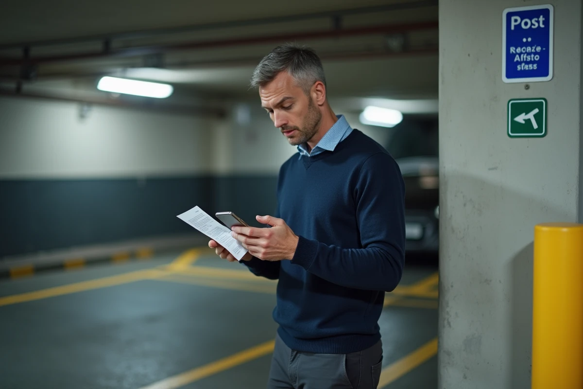 Homme vérifiant sa réservation de stationnement sur smartphone dans le parking Rapp de Colmar