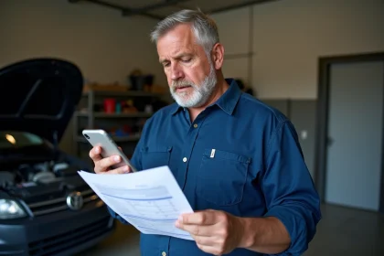 Homme en bleu examinant devis auto dans garage