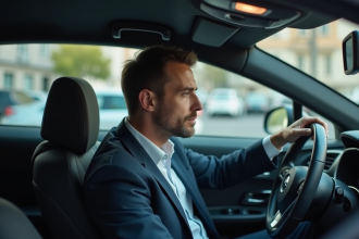 Homme en costume dans une voiture moderne en réflexion