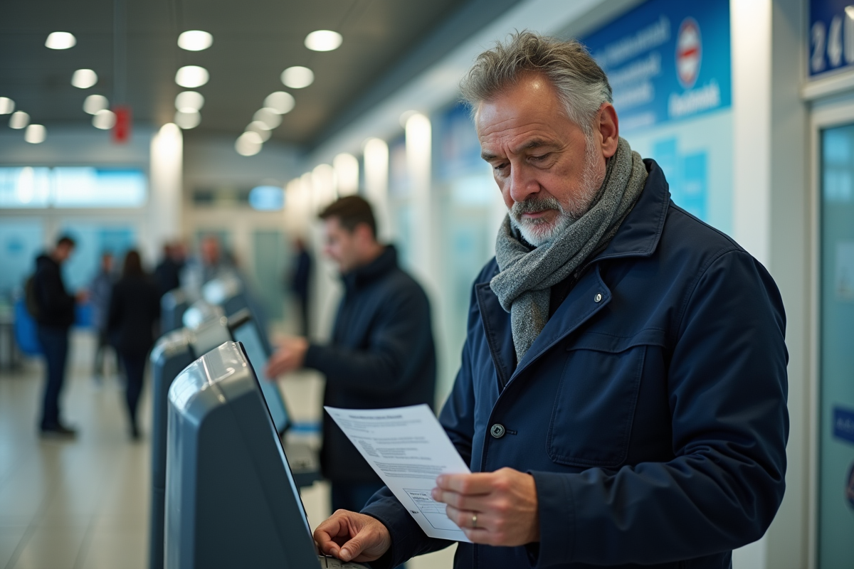 Homme patient utilisant un terminal administratif en France