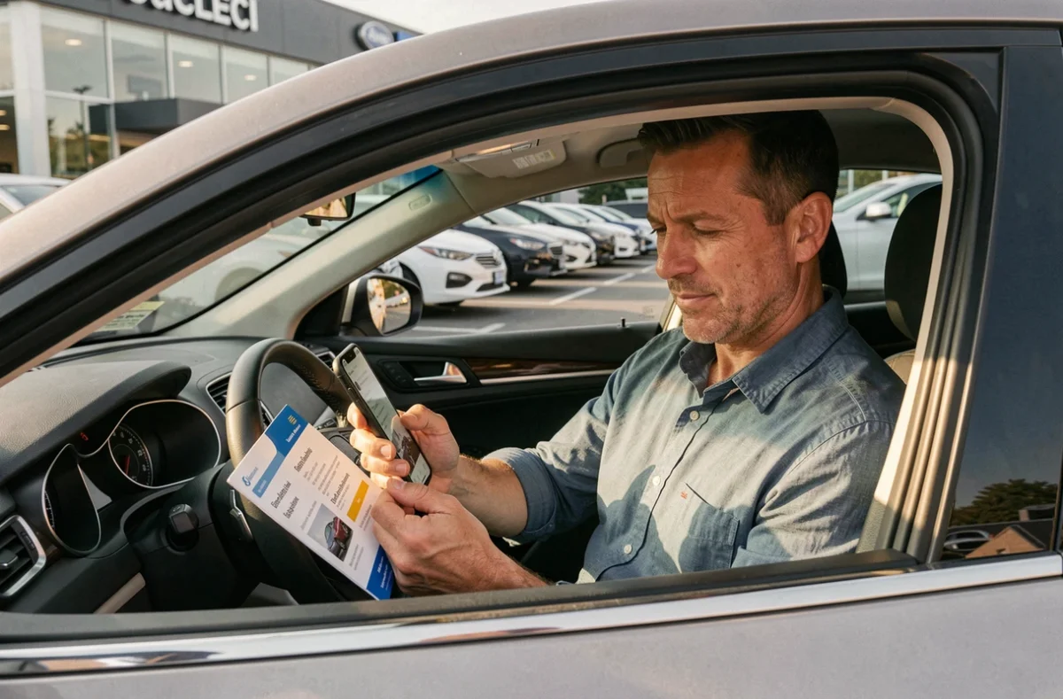 Homme consultant un comparateur d'assurance auto sur smartphone dans un parking de concessionnaire automobile