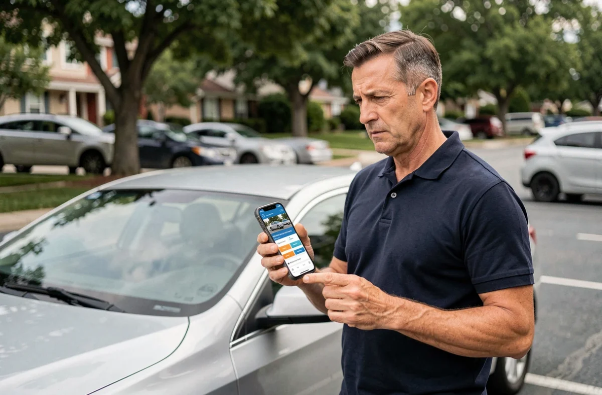 Homme consultant une comparaison d'assurance auto MAE sur smartphone près de sa voiture
