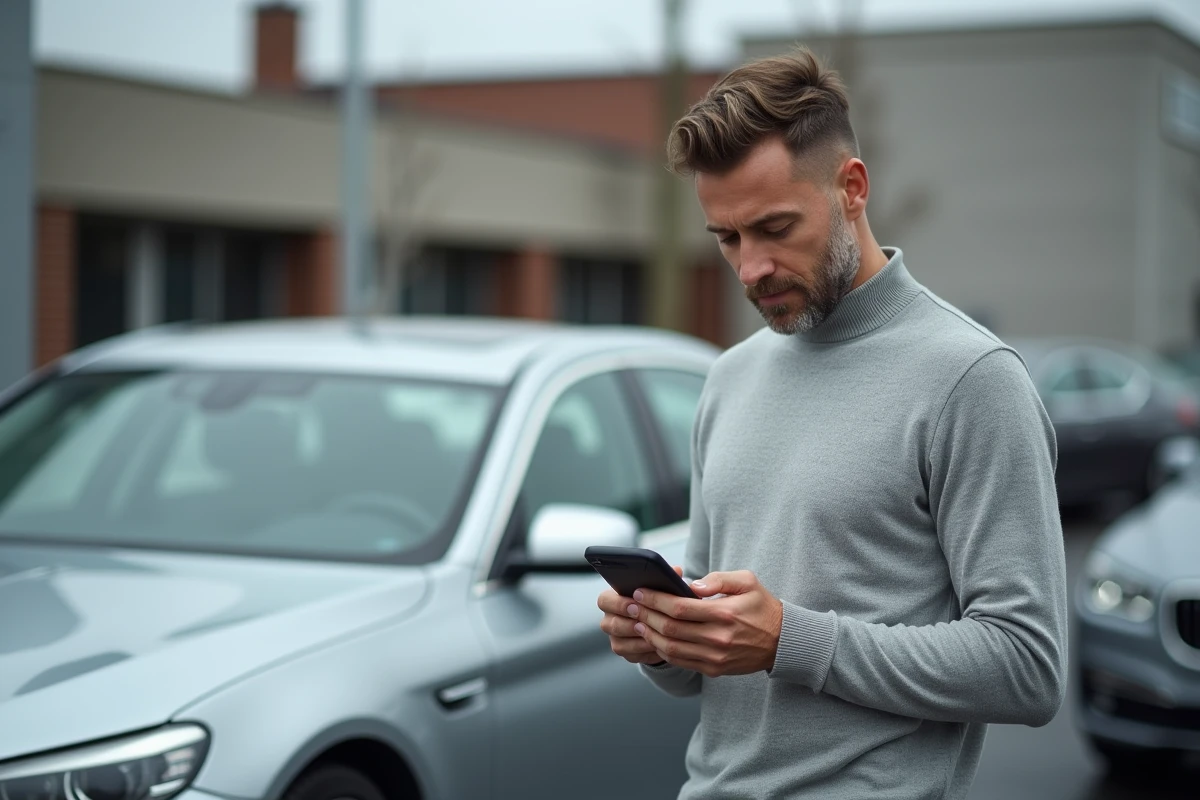Homme vérifiant les avis consommateurs UFC-Que Choisir sur smartphone avant d'acheter une voiture chez Aramis Auto