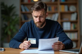 Homme stressé tenant son permis de conduire et lisant une lettre de retrait de points à son bureau