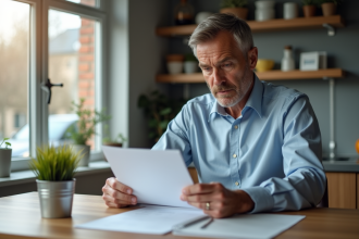 Homme d'âge moyen vérifiant documents d'assurance voiture