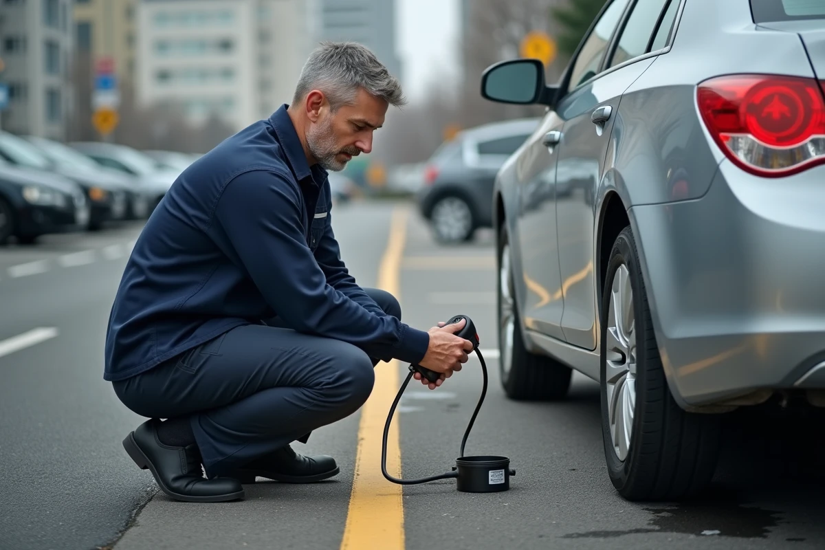 Homme vérifiant la pression des pneus d'une voiture pour économiser du carburant et réduire les coûts d'entretien