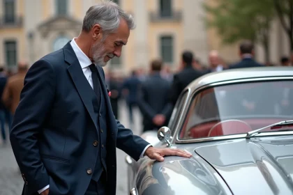 Homme en costume polissant une Mercedes 300 SL argentée