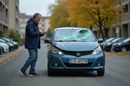Homme d'âge moyen regardant le parebrise endommagé de sa voiture