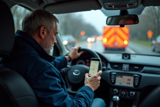 Homme d'âge moyen dans une voiture consulte GPS près d'un barrage