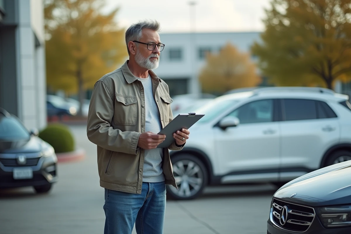 Homme d'âge moyen examinant une voiture d'occasion