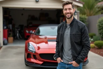 Homme souriant près d'une voiture sportive colorée