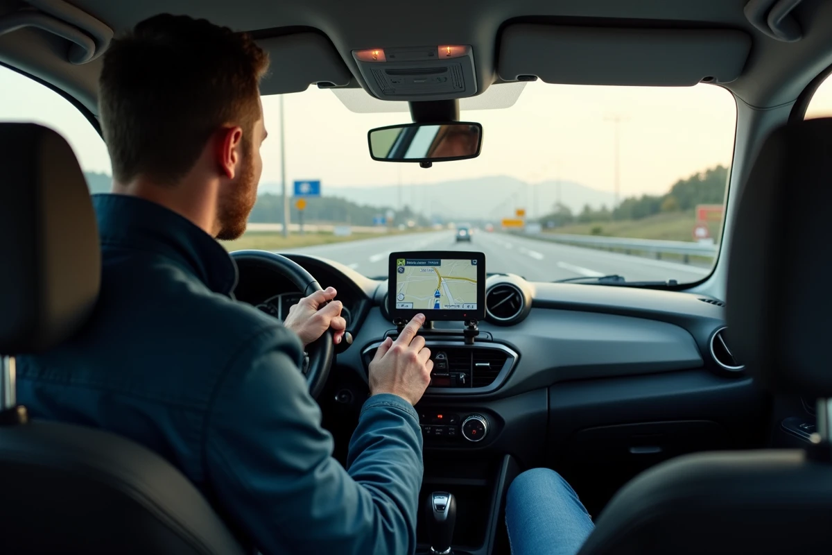 Homme au volant d'une voiture sur autoroute avec GPS, représentant le coût d'un trajet en voiture en 2026