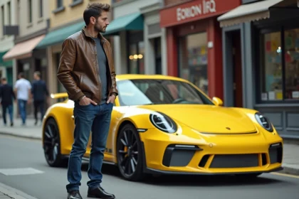Homme en jean inspectant une voiture jaune en ville