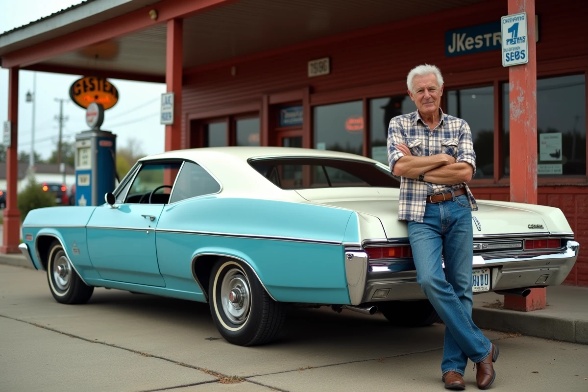 Propriétaire d'une Chevrolet Impala 1967 bicolore appuyé contre la voiture dans une station-service américaine vintage