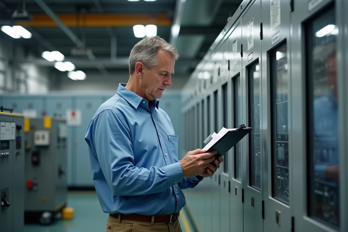 Ingénieur électrique en atelier analysant un diagramme technique