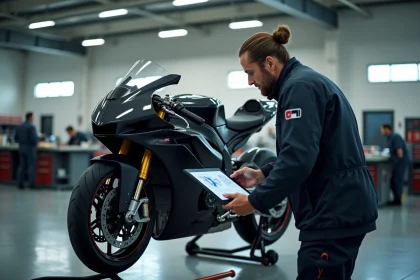 Ingénieur moto analysant les données techniques d'un prototype de moto racing dans un atelier R&D moderne en 2025