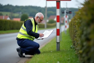 Ingénieur routier français installe un panneau de priorité