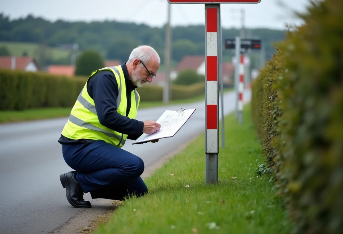 Ingénieur routier français installe un panneau de priorité