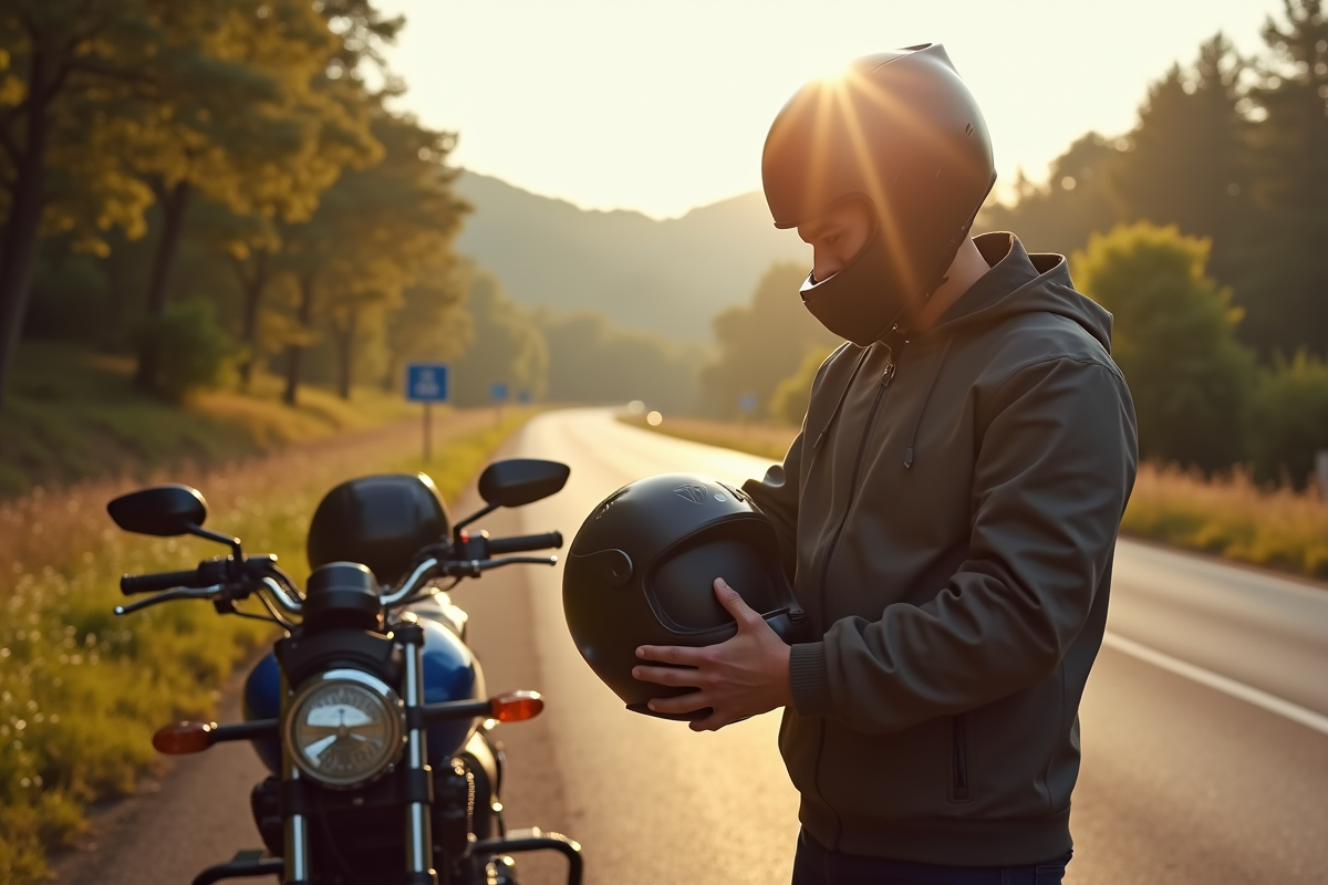 Motard vérifiant le rembourrage de son casque sur une route pittoresque