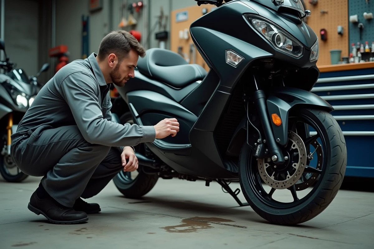 Mécanicien inspectant le frein arrière et l'état du pneu d'un TMAX 750 noir dans un atelier moto indépendant