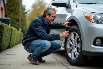 Homme inspectant un pneu de voiture dans une cour