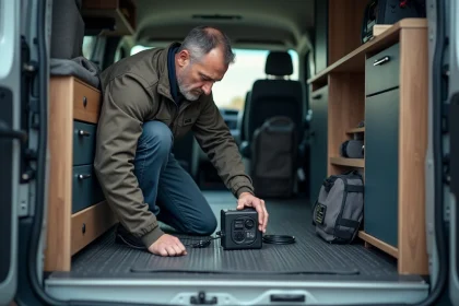 Homme en vêtements de travail installant un convertisseur 12V 220V dans un van