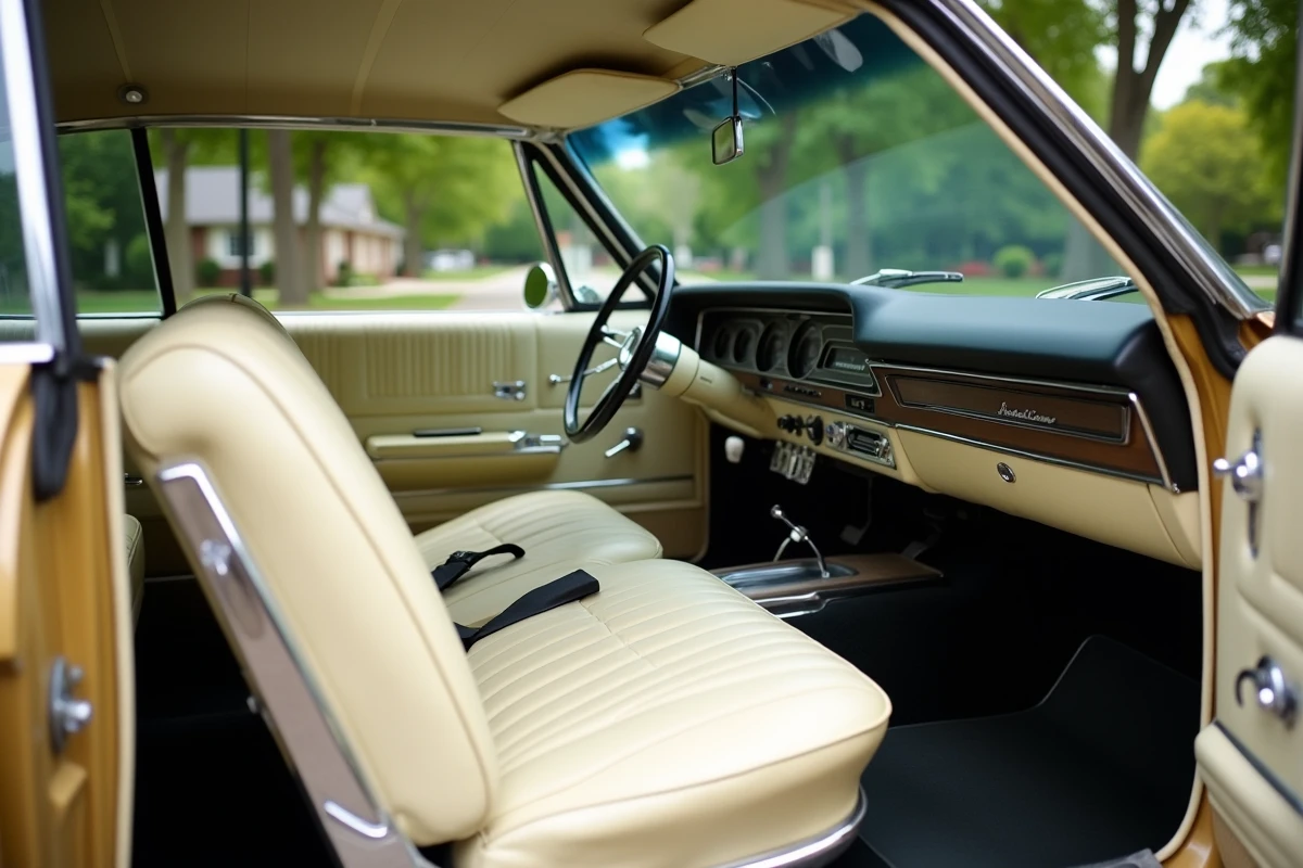 Intérieur d'origine de la Chevrolet Impala 4 portes 1967 avec siège banquette en vinyl, tableau de bord chromé et volant d'époque