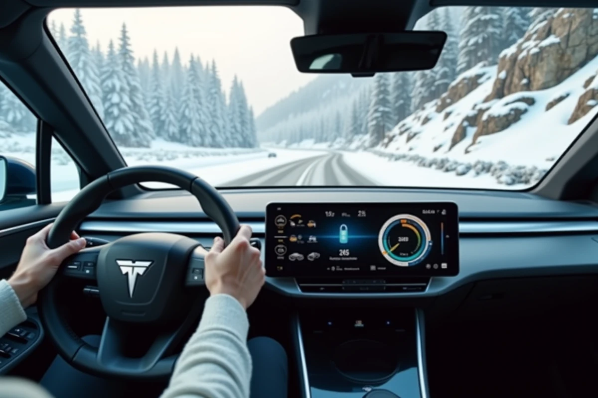 Intérieur d'un SUV électrique 4x4 avec tableau de bord connecté affichant la traction intégrale face à un col de montagne enneigé