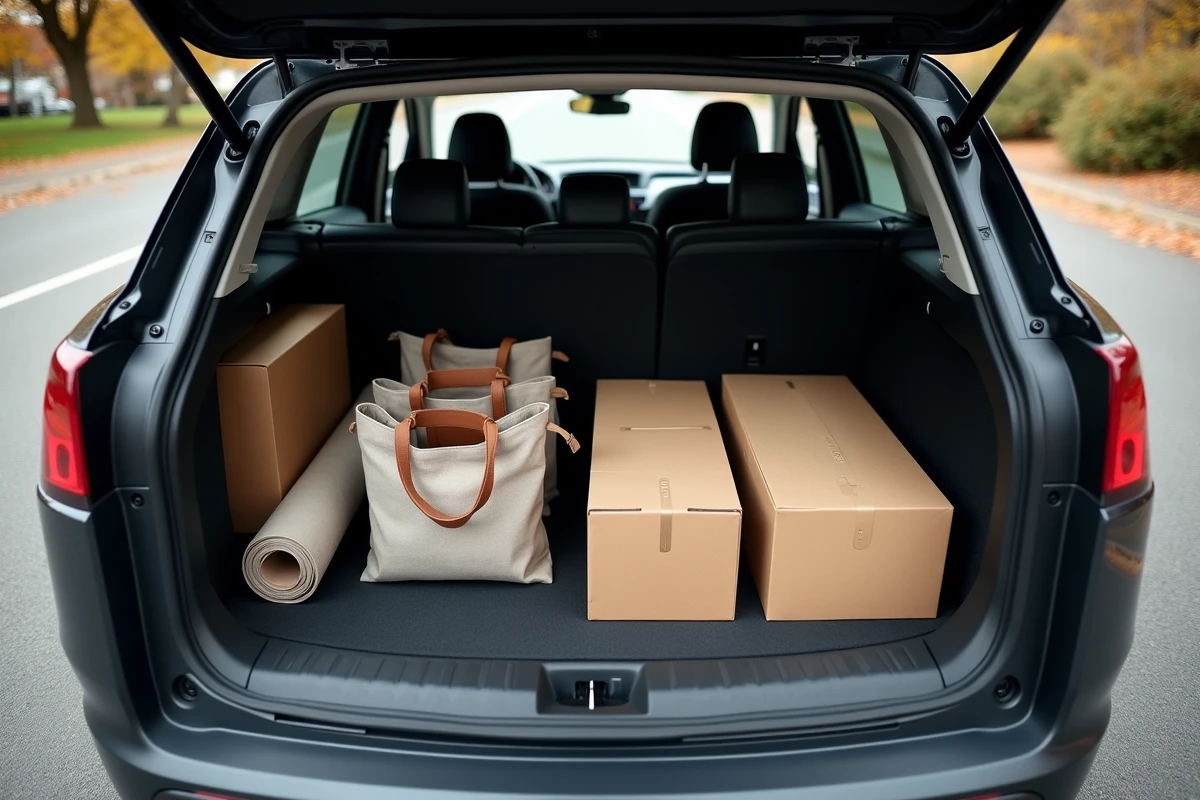 Vue intérieure du coffre du Peugeot 3008 Phase 2 avec sièges rabattus et chargement de colis volumineux