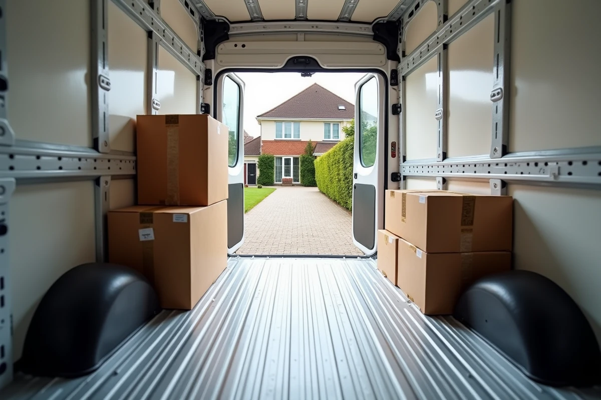 Intérieur du compartiment cargo d'un Renault Master 11m3 avec cartons empilés et arrimés pour un déménagement