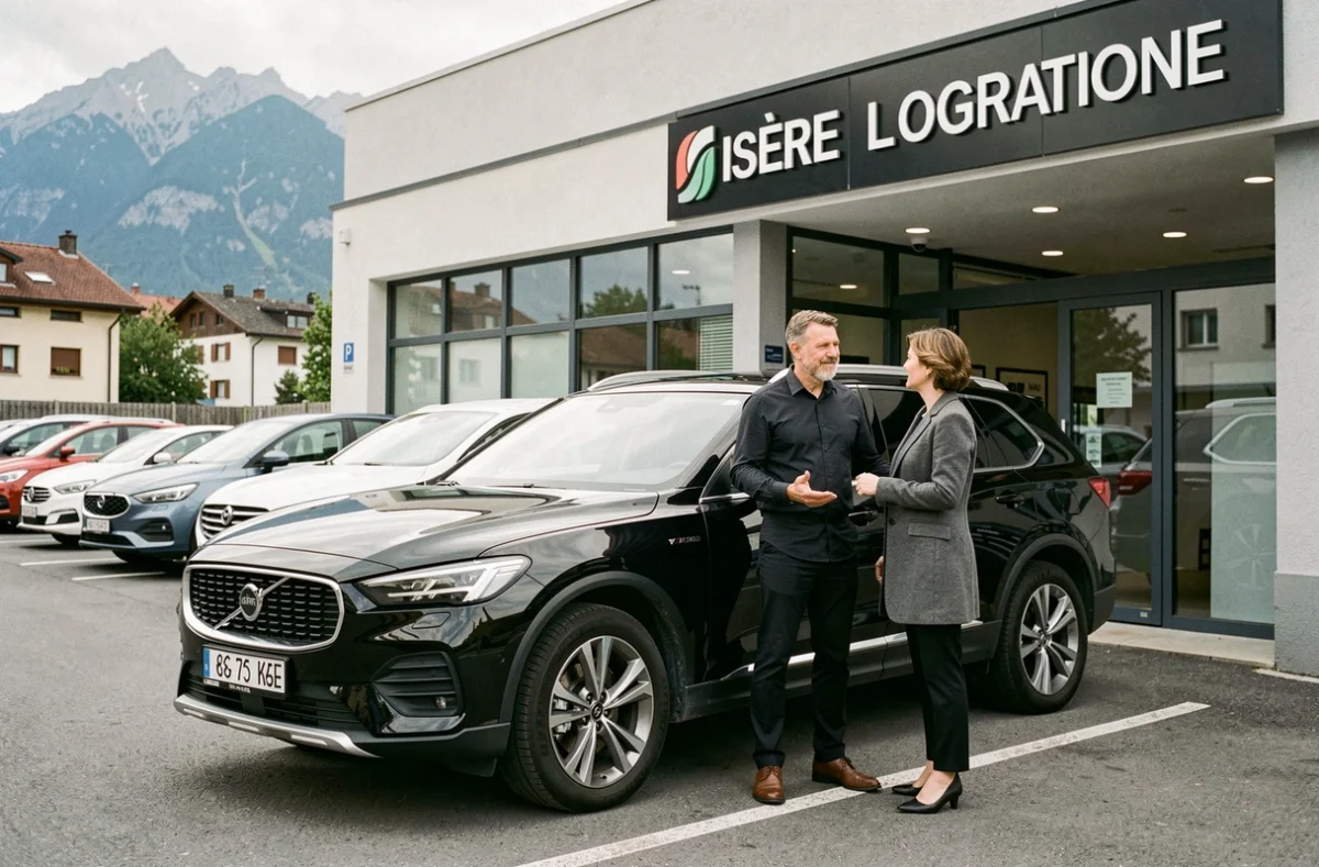 Agent d'Isère Location présentant un SUV à une cliente dans la cour de l'agence de Grenoble