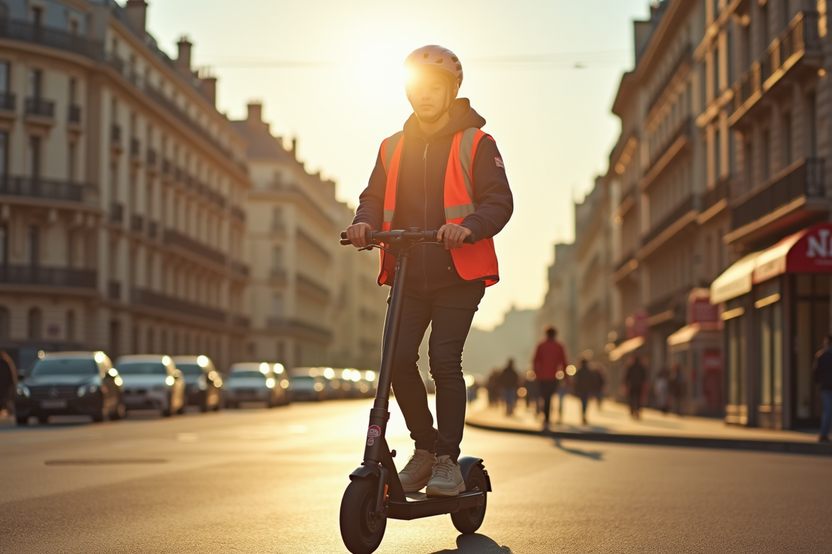 Jeune adulte roulant en scooter électrique à Paris avec casque et gilet réfléchissant