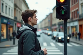 Jeune conducteur regardant un feu rouge à une intersection urbaine, comprenant la signalisation routière