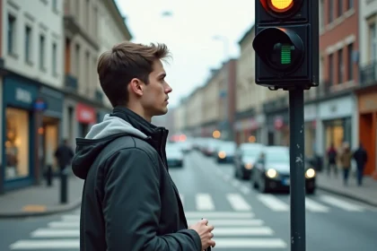 Jeune conducteur regardant un feu rouge à une intersection urbaine, comprenant la signalisation routière