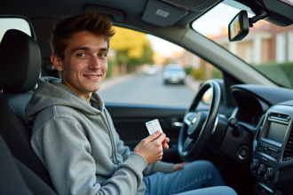 Jeune homme conducteur avec permis dans une voiture en banlieue