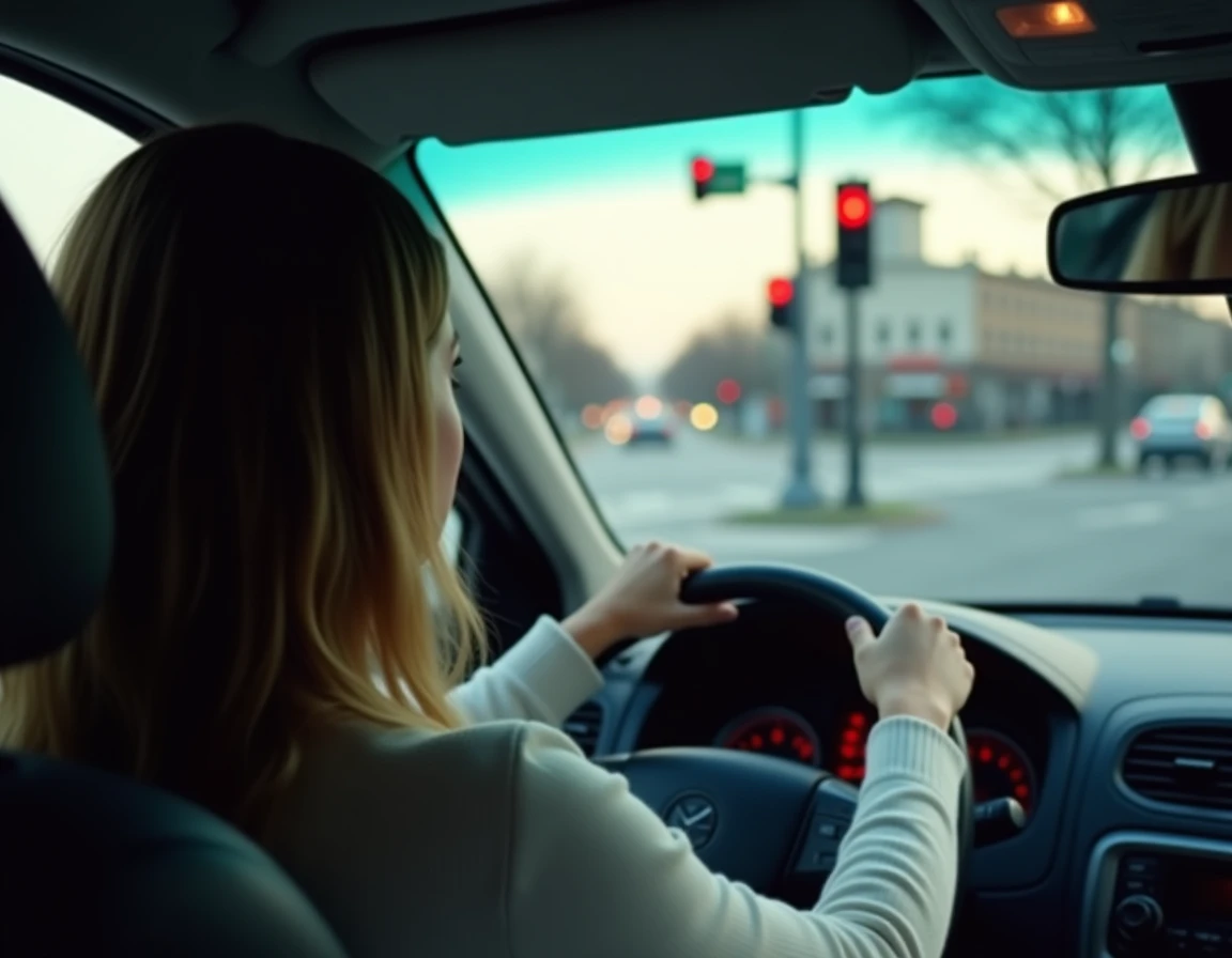 Jeune conductrice au volant observant un feu rouge équipé d'une caméra de surveillance à une intersection