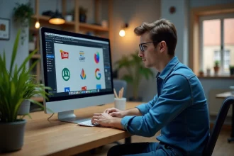 Jeune designer graphique travaillant sur logos numériques