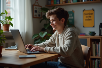 Jeune garçon de 14 ans code sur un ordinateur dans sa chambre